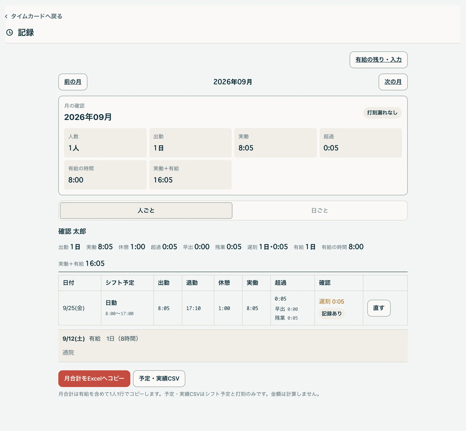 月の記録の画面(デモデータ)