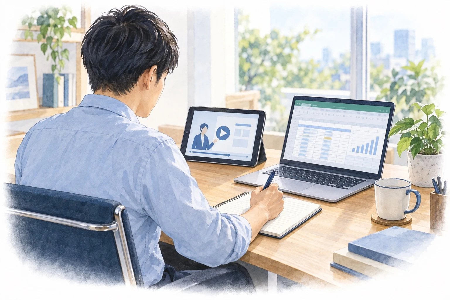 会社専用の操作動画を見返しながら仕事を進める説明イラスト