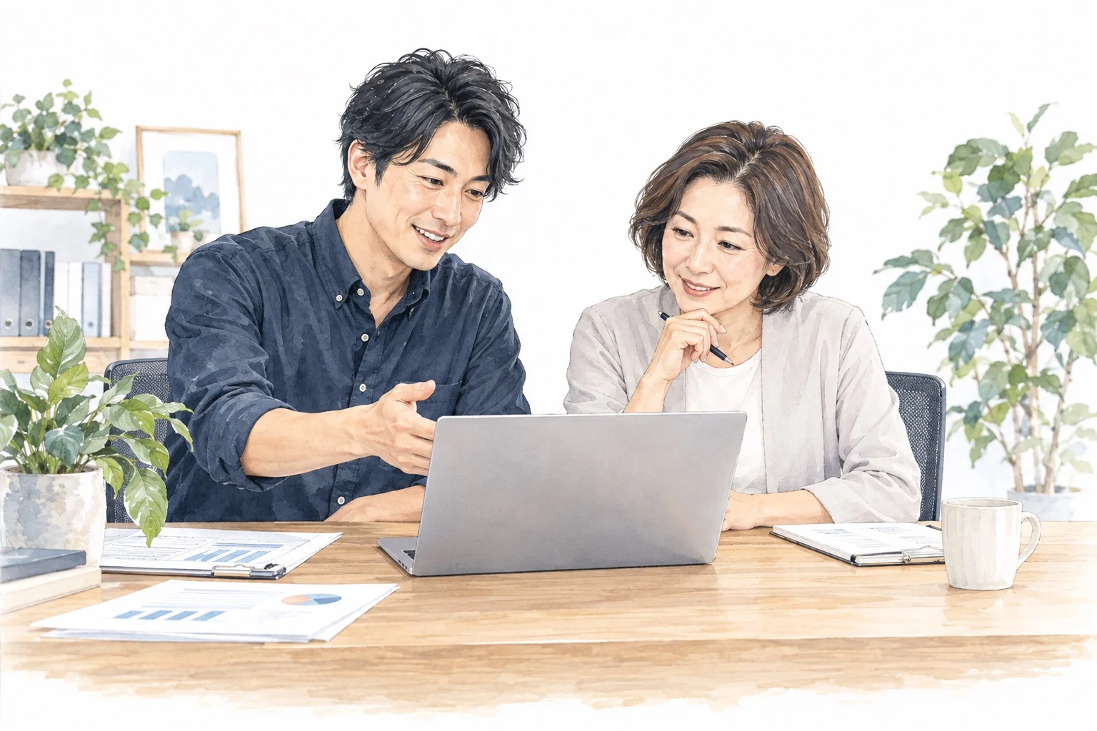 担当者と一緒に、いつもの仕事をパソコンで確認する説明イラスト
