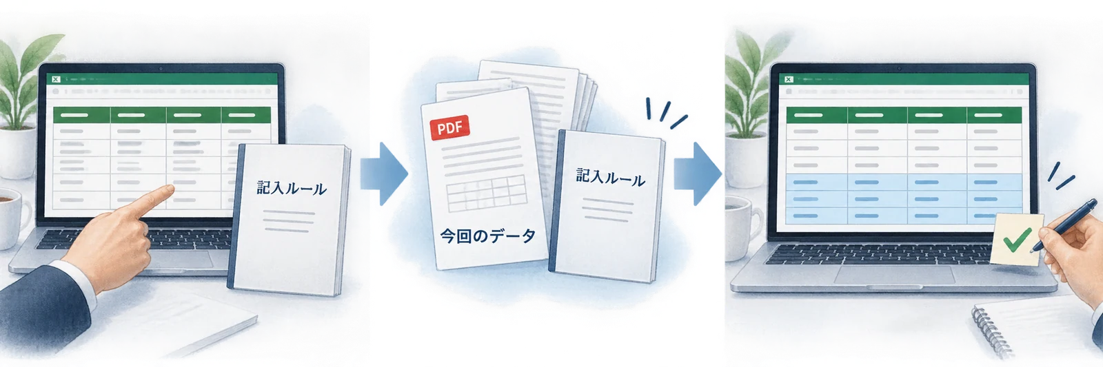 今のExcelの記入ルールを登録し、新しいデータを同じ書式で記入する流れ
