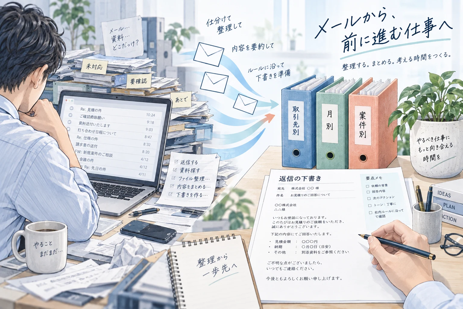 メールとファイルの整理、返信下書きを表した説明イラスト