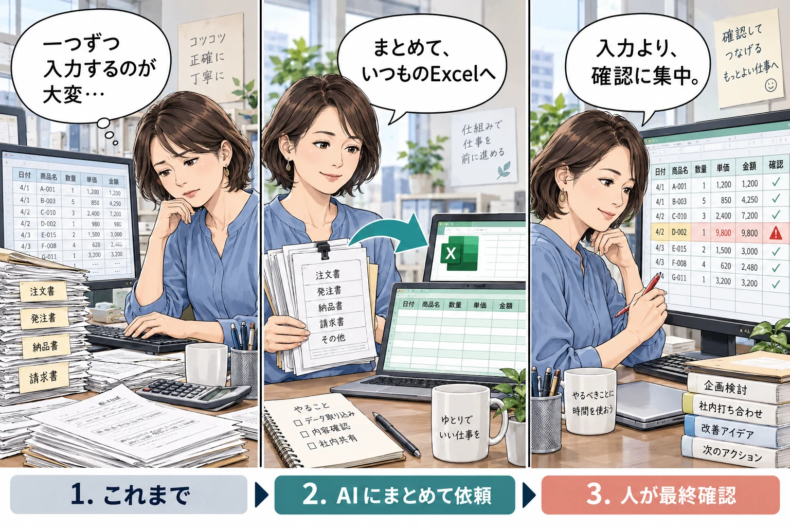 従来は一つずつ手入力。AIへまとめて依頼すると、担当者は入力作業より結果の確認に集中できる