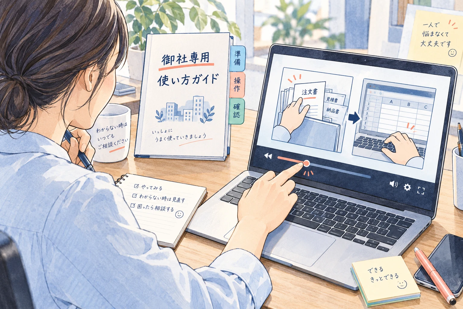 手順書と動画を見返しながら、仕事を進めるための説明イラスト