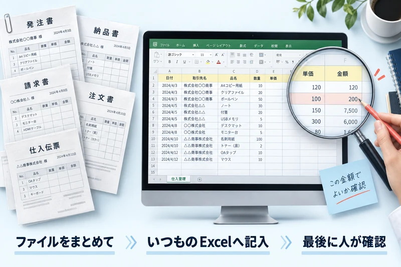 複数ファイルから既存のExcelへ記入する仕組みの説明イラスト